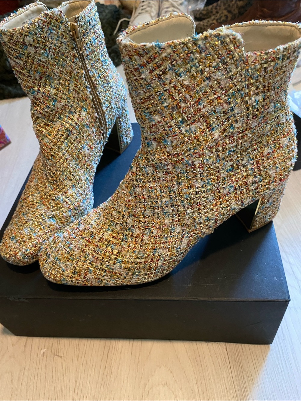 Designer Alex Marie Multi-Color Tweed Ankle Boots with Block Heel